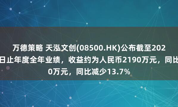 万德策略 天泓文创(08500.HK)公布截至2024年12月31日止年度全年业绩，收益约为人民币2190万元，同比减少13.7%